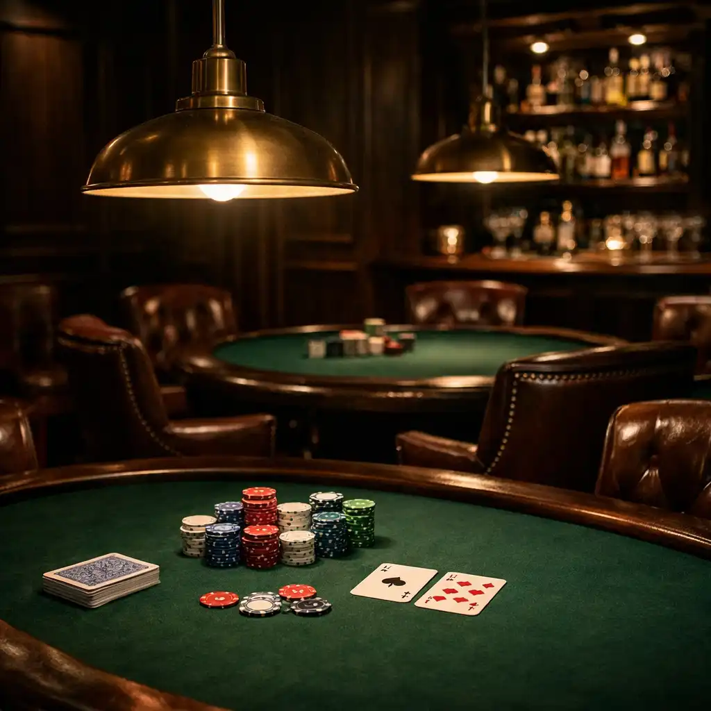 The card lounge at Brass & Pearl with two poker tables under low brass lamps