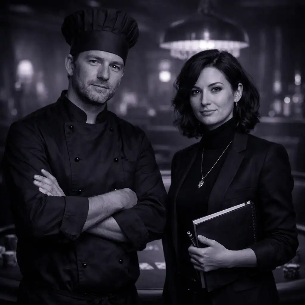 The two founders of Brass & Pearl standing in the dimly lit restaurant with a poker table behind them