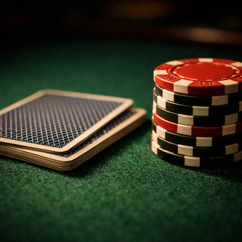 Close-up of a poker table surface showing cards and ceramic chips on deep green felt