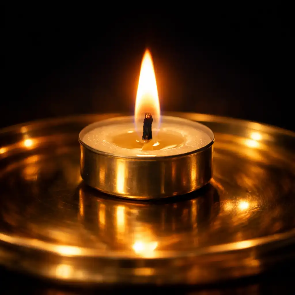 Candlelight flickering across a polished brass surface
