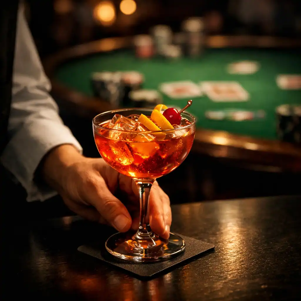 A waiter's hand placing a cocktail on the table