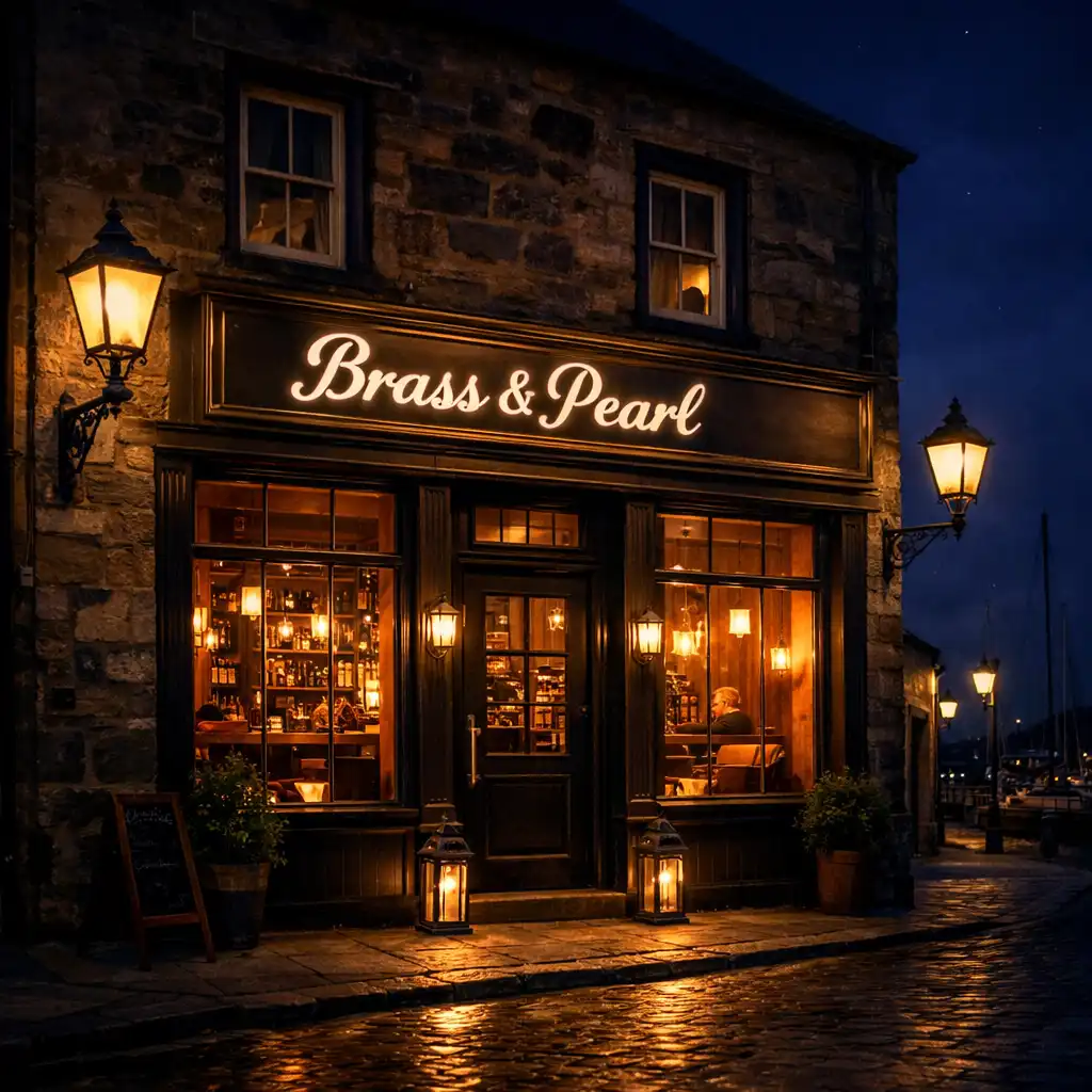 The restaurant's facade at night on the harbour lane