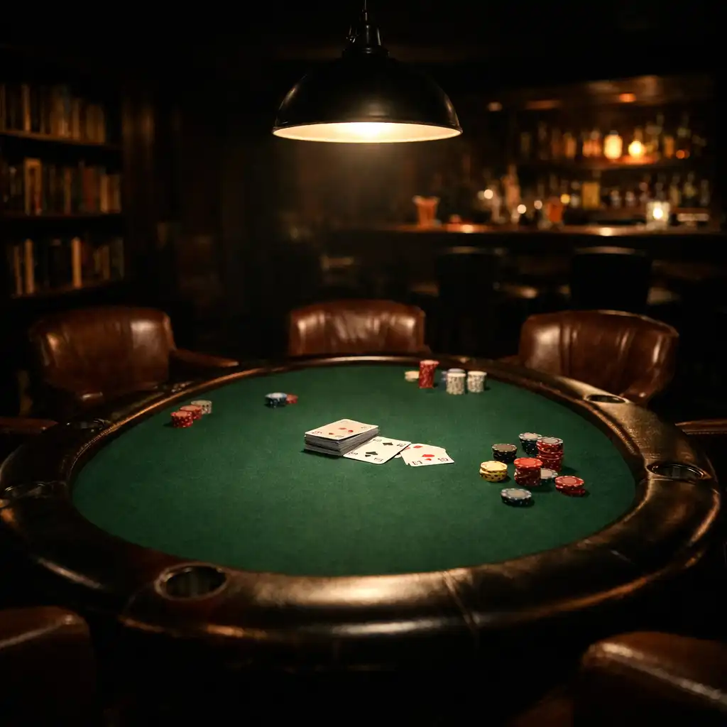 Dimly lit card lounge with a poker table, leather chairs, and a deck of cards under a pendant light
