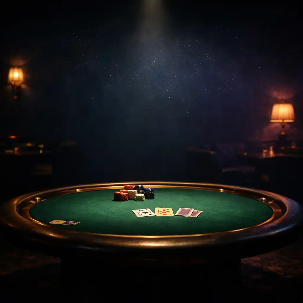Cinematic view of the Brass & Pearl card lounge with a poker table under focused light