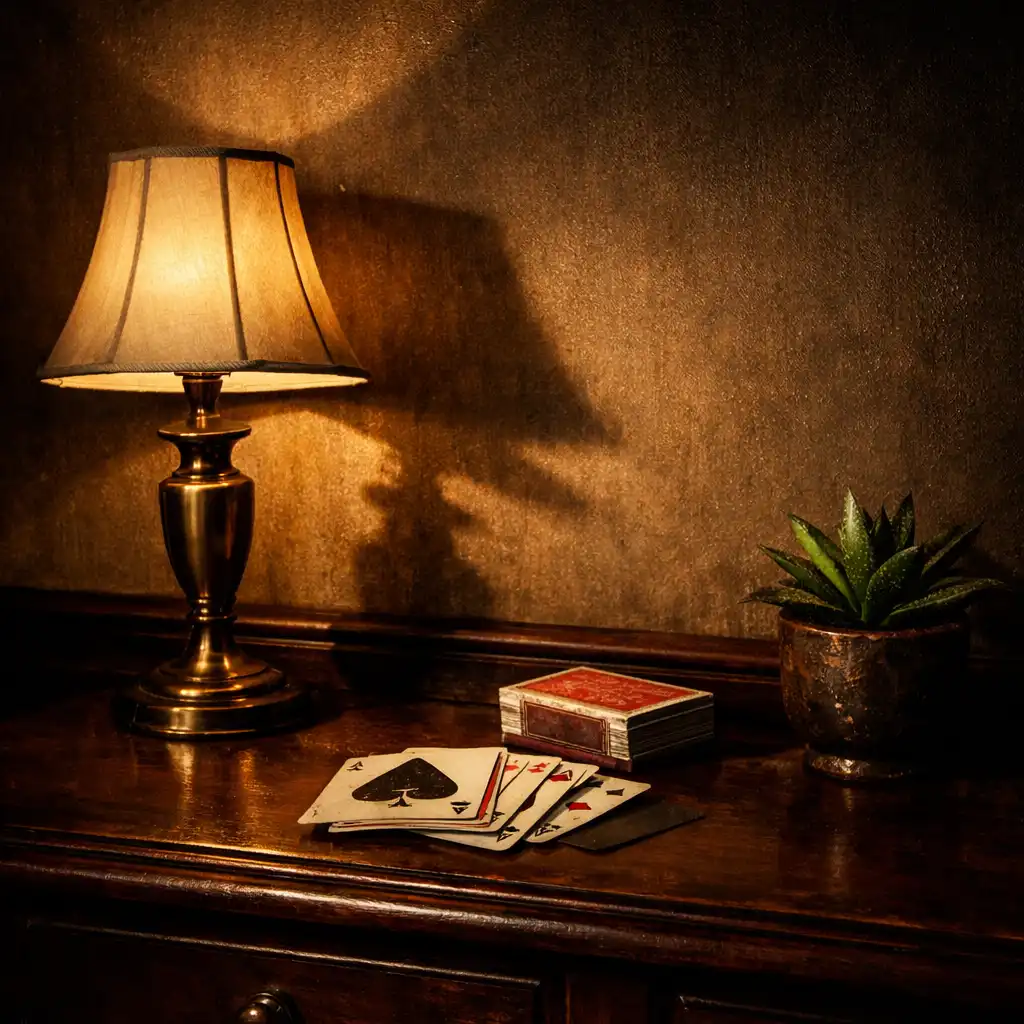 A sideboard holding a deck of cards and a brass lamp