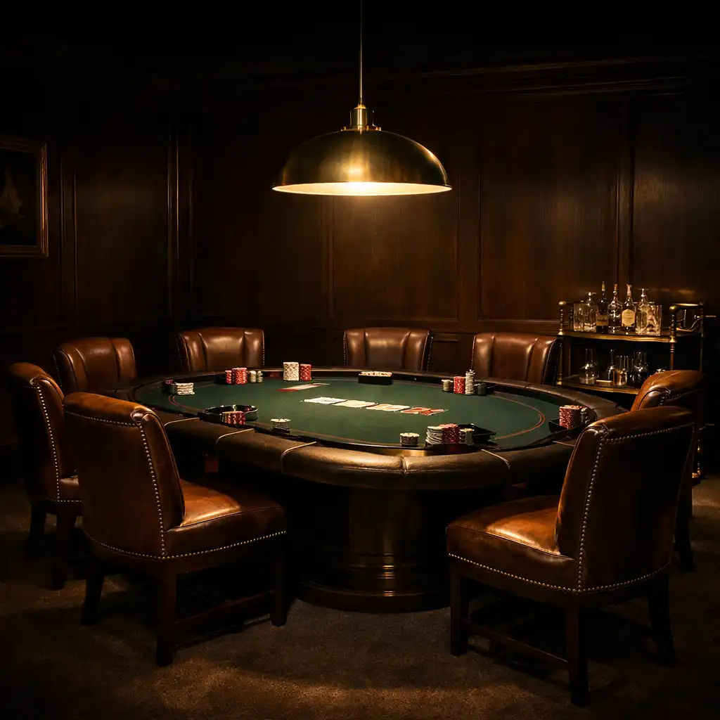 A photograph of the card lounge at Brass & Pearl, featuring several poker tables with green felt and brass rails, low warm lighting, and individual lamps over each table.