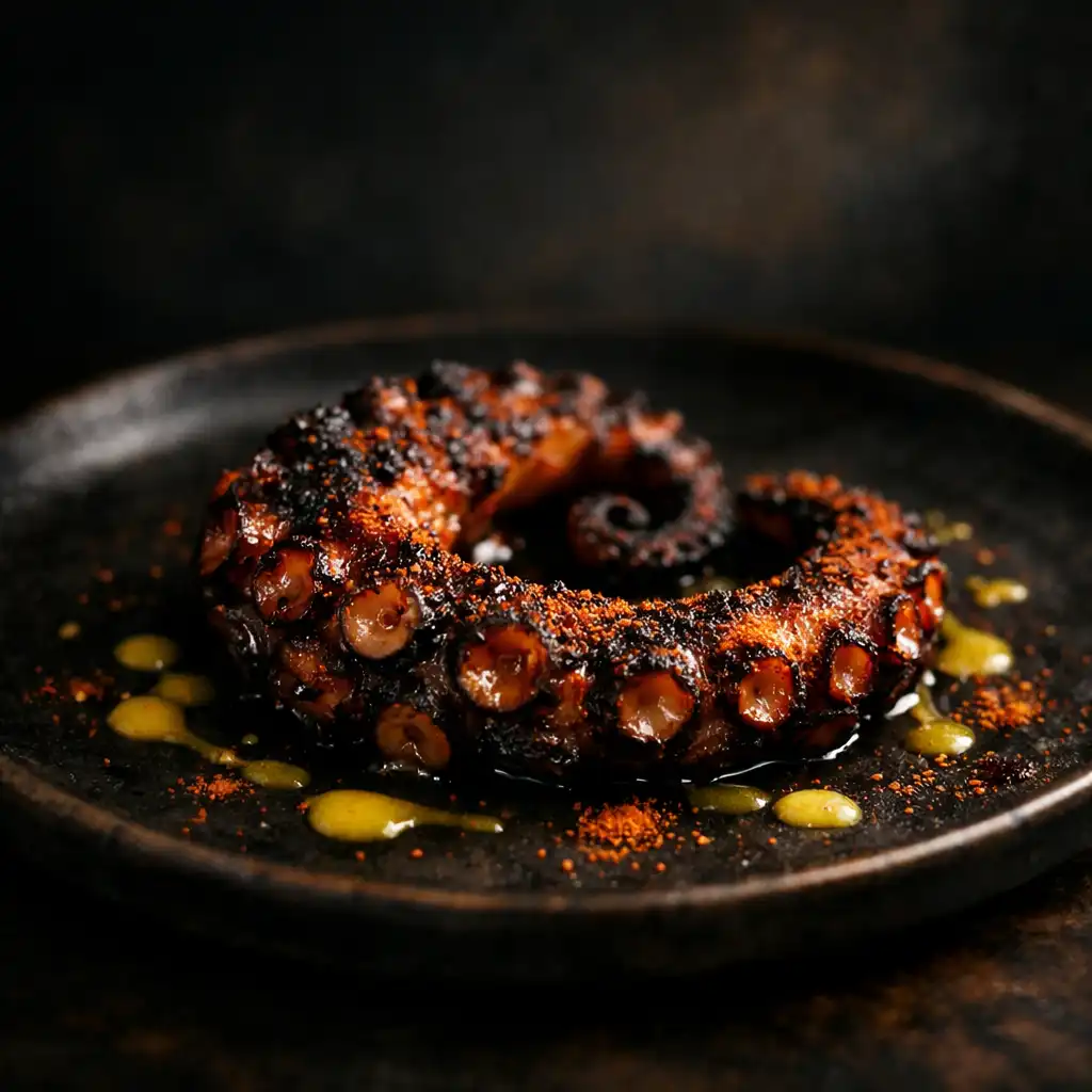 Charred octopus tentacle on a dark ceramic plate with smoked paprika and citrus emulsion