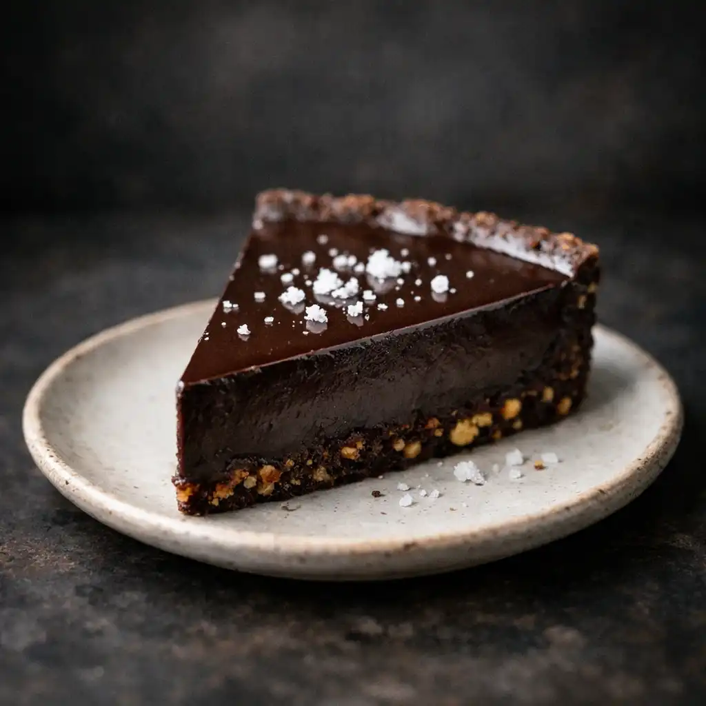 Slice of dark chocolate tart with hazelnut crust and sea salt on a small plate