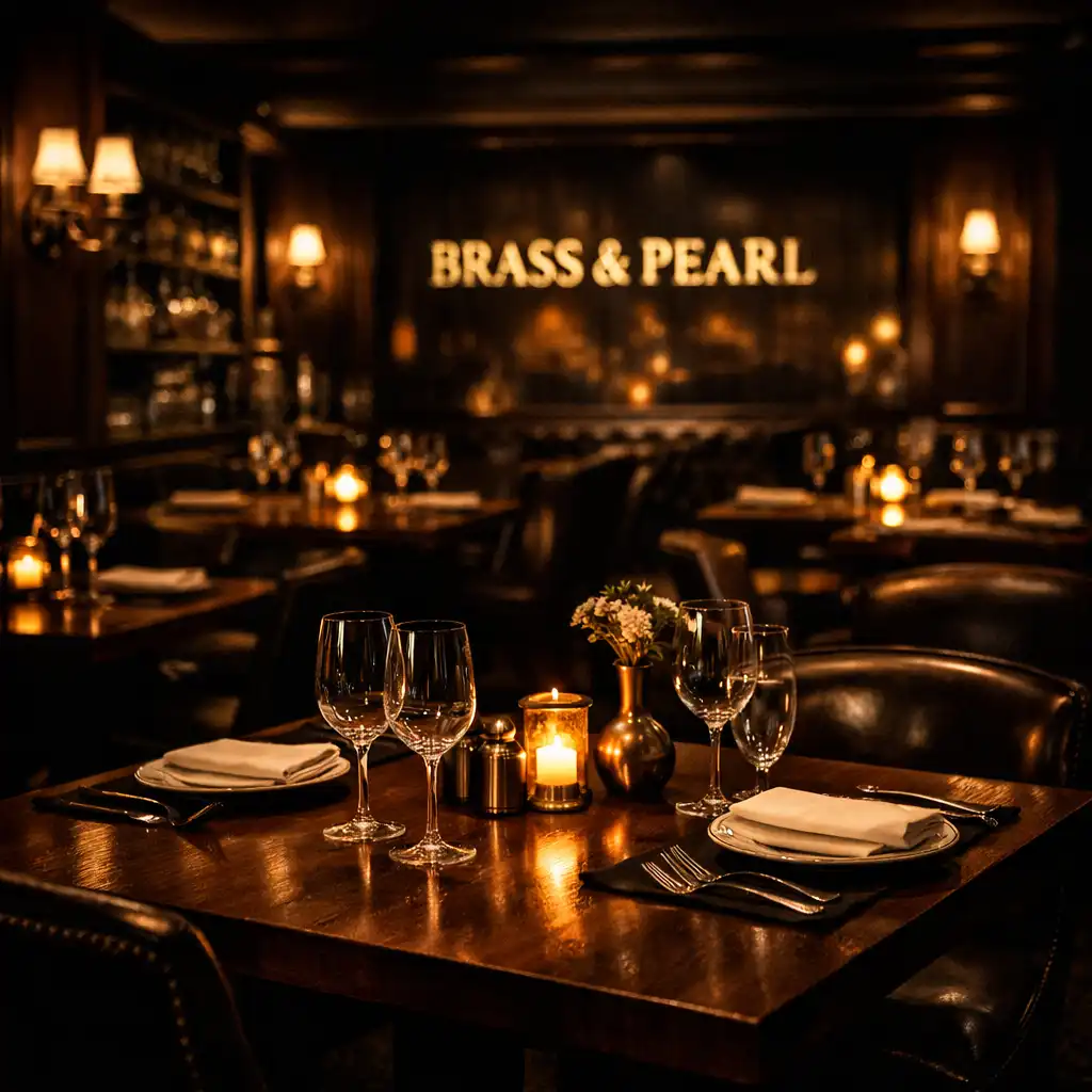 A cinematic photograph of the dining room at Brass & Pearl, dimly lit with warm low lighting, dark wood tables, and brass accents.