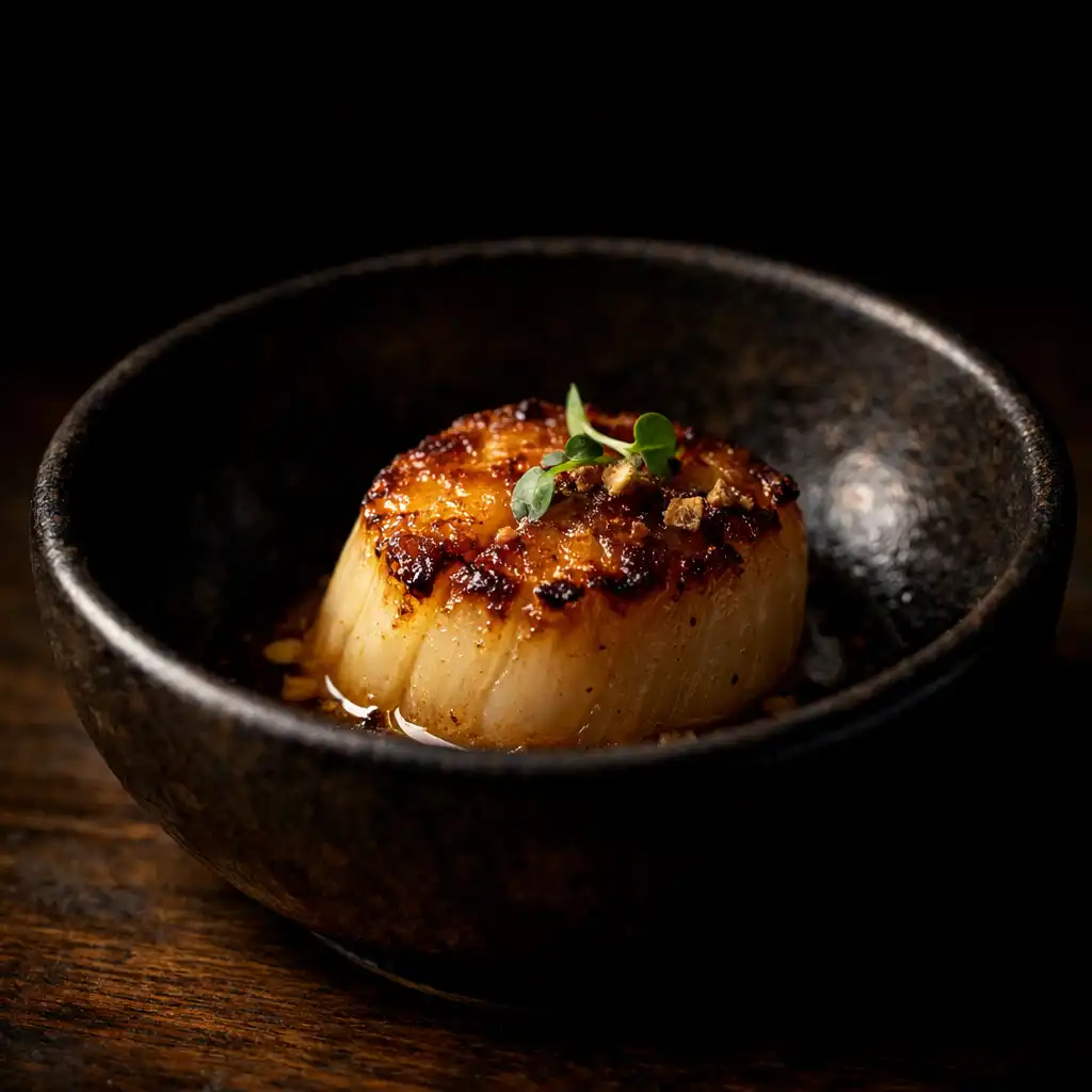 A seared scallop in a dark ceramic bowl