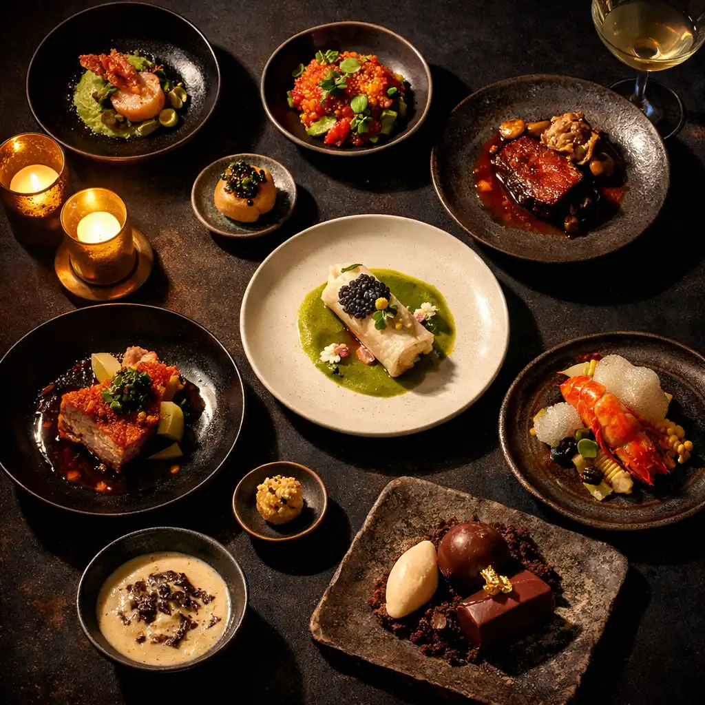 A chef's tasting menu spread across a dark table