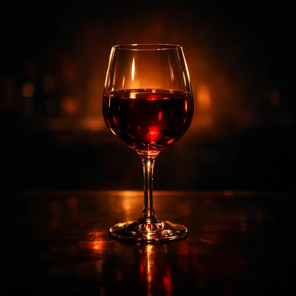 A glass of red wine glowing against a midnight backdrop