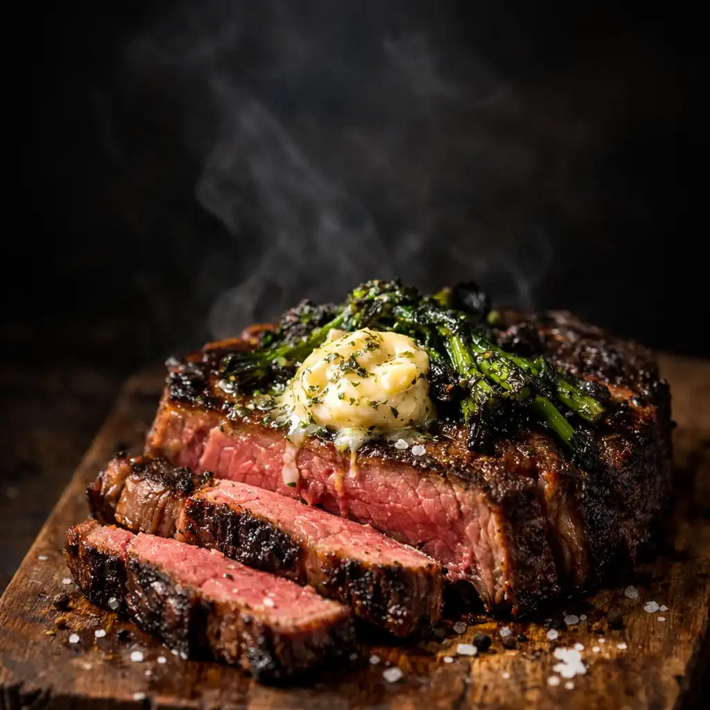 Sliced dry-aged ribeye with bone marrow butter and charred greens on a wooden board