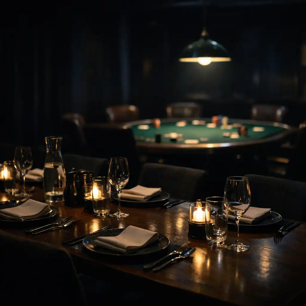 Dimly lit dining room with a poker table visible in the background