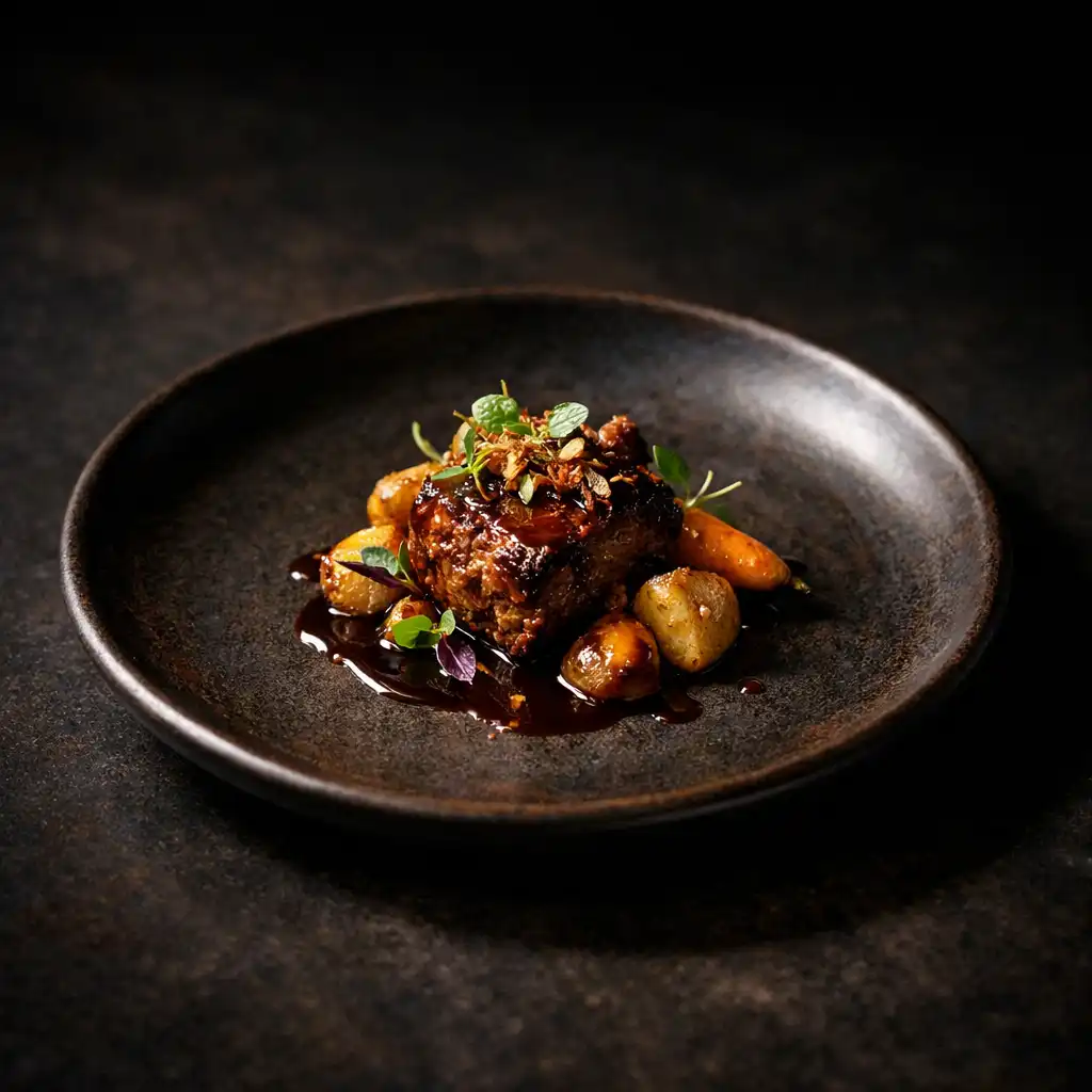 A small, elegant dish on a dark ceramic plate, photographed with dramatic side lighting and a dark, out-of-focus background.