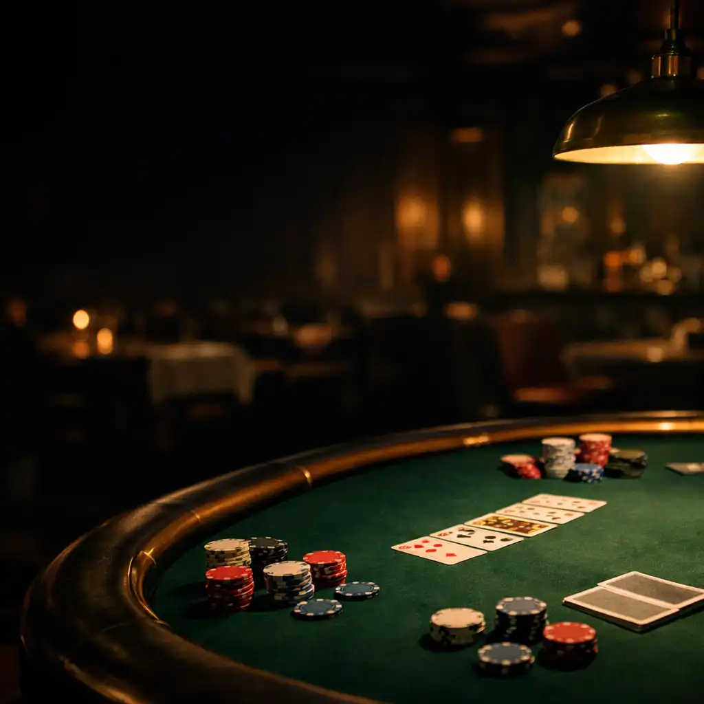 A wide cinematic photograph of a real poker table inside a dark restaurant, with green felt, brass rail, scattered chips and cards, and low moody lighting.