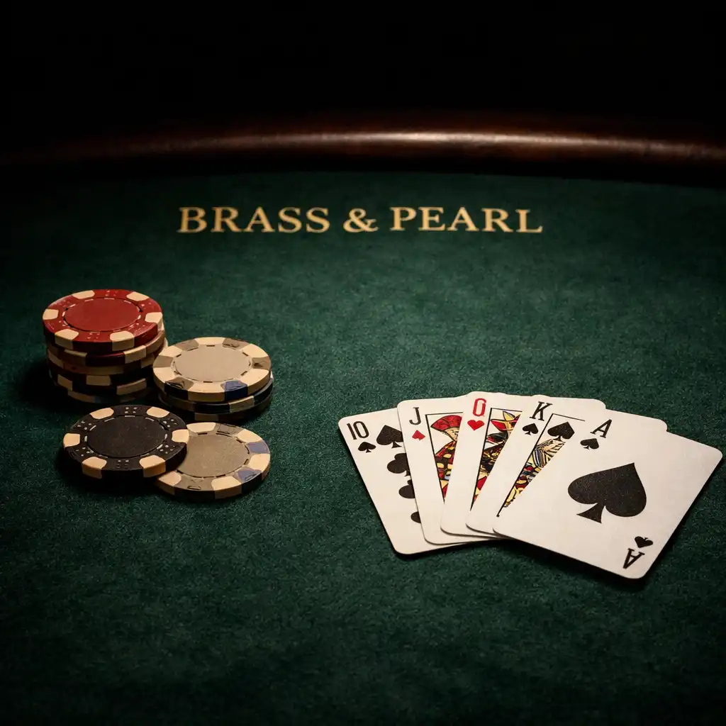 Close-up of a poker table surface with green felt, clay chips, and playing cards
