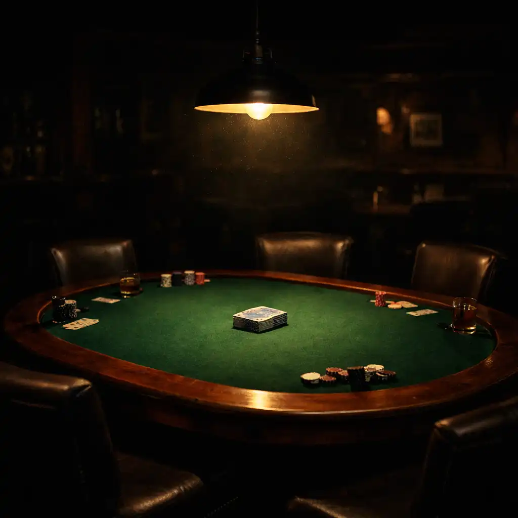 The main poker table beneath a low pendant light