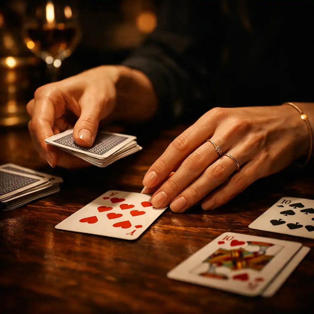 Hands dealing playing cards on a dark wooden table