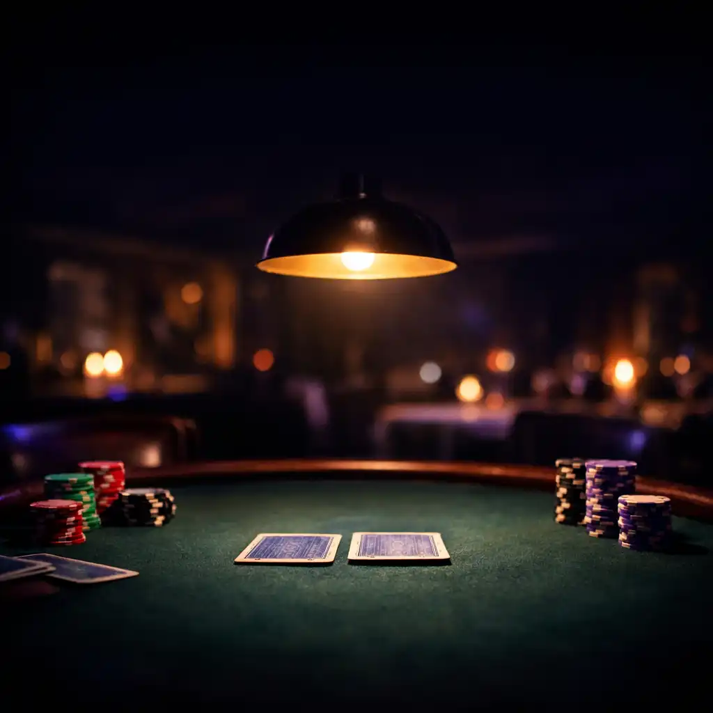 Dimly lit poker table with cards and chips at Brass & Pearl