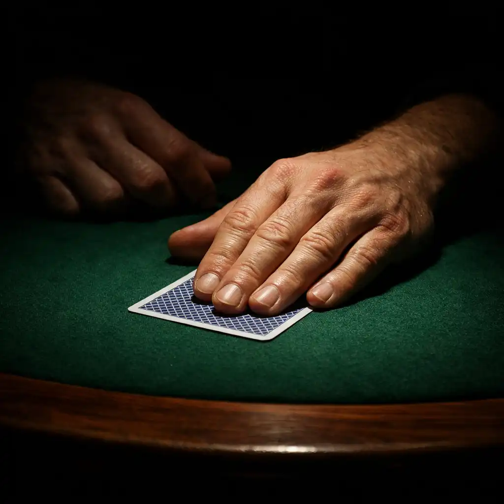 A player's hands resting on the table with a single face-down card